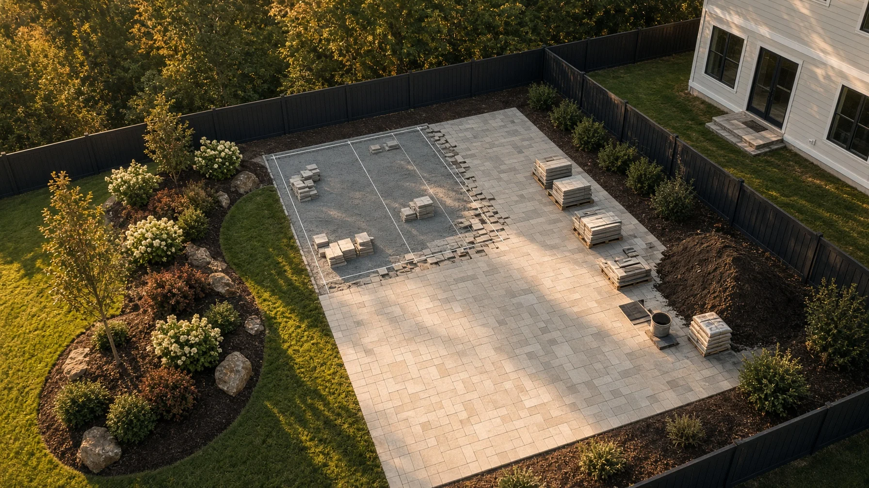 Matching aerial views of a backyard before and after a residential renovation