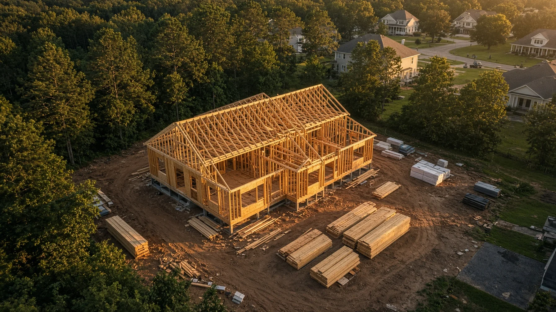 Aerial view of a single-family home under construction used for progress photography