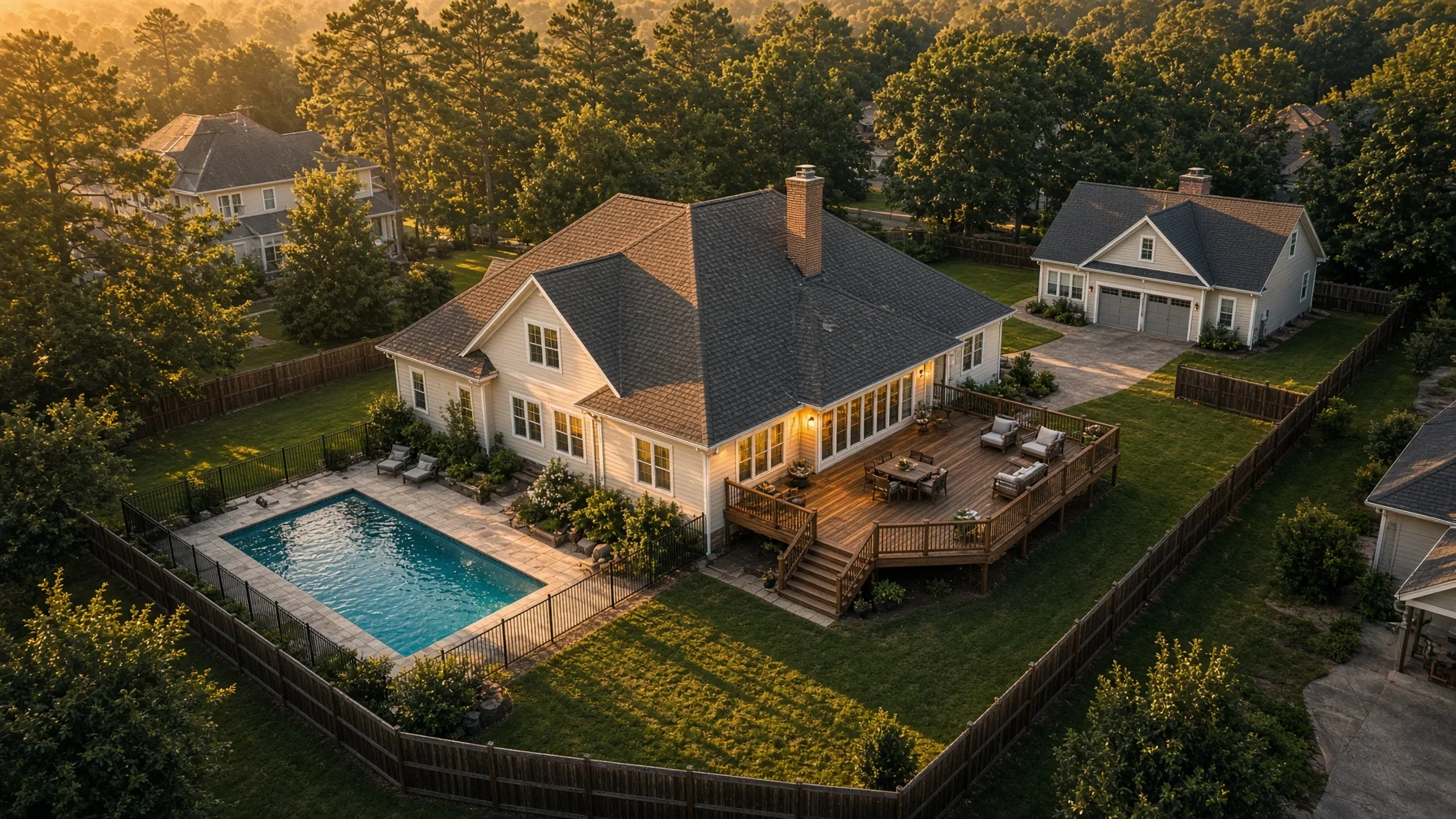 Aerial view of a home showing exterior features to include in an insurance inventory