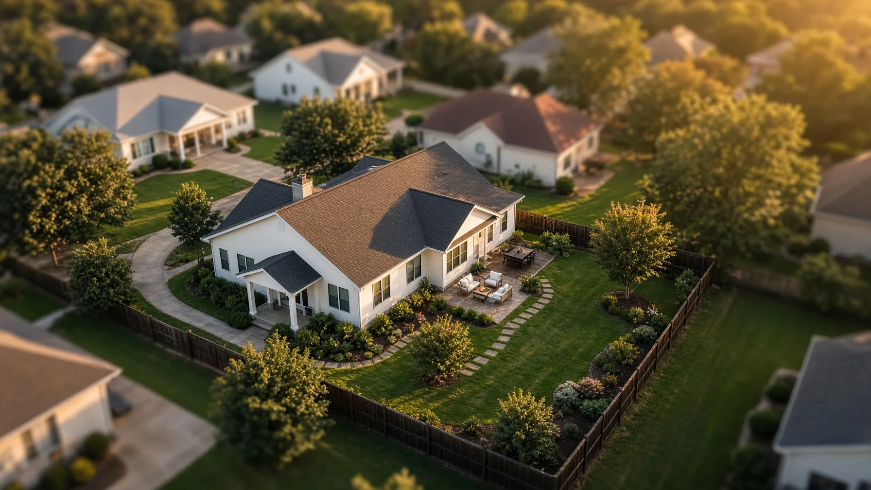 Drone photographer capturing a home listing while keeping the camera focused on the seller’s property.