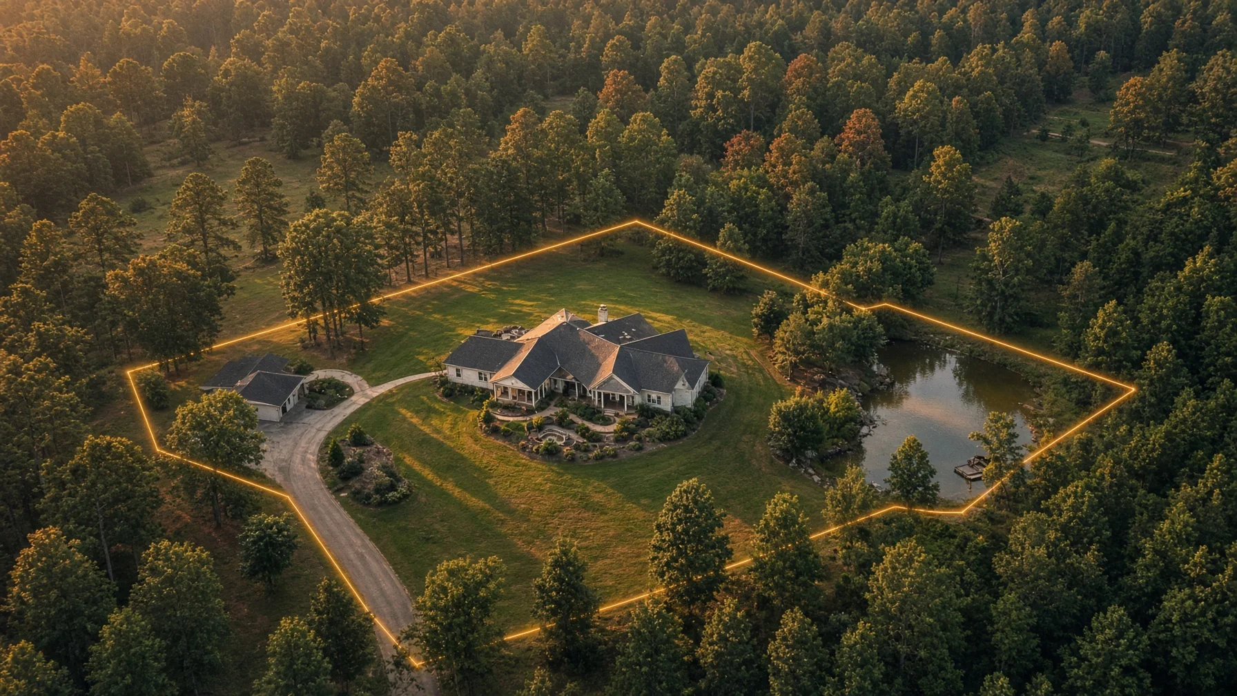 Aerial view of a residential property with an approximate boundary overlay around the home, yard, pond, and wooded acreage.