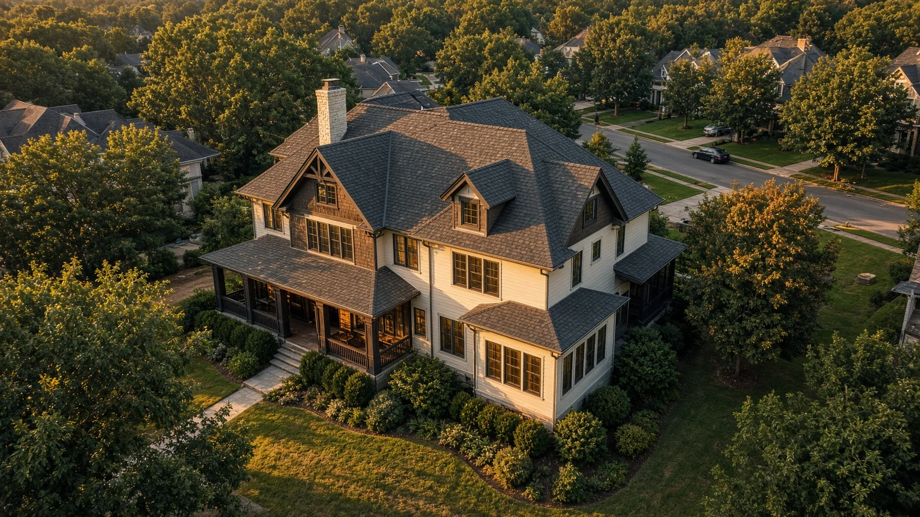 Three drone photo heights showing low, mid, and wide context views of a residential property