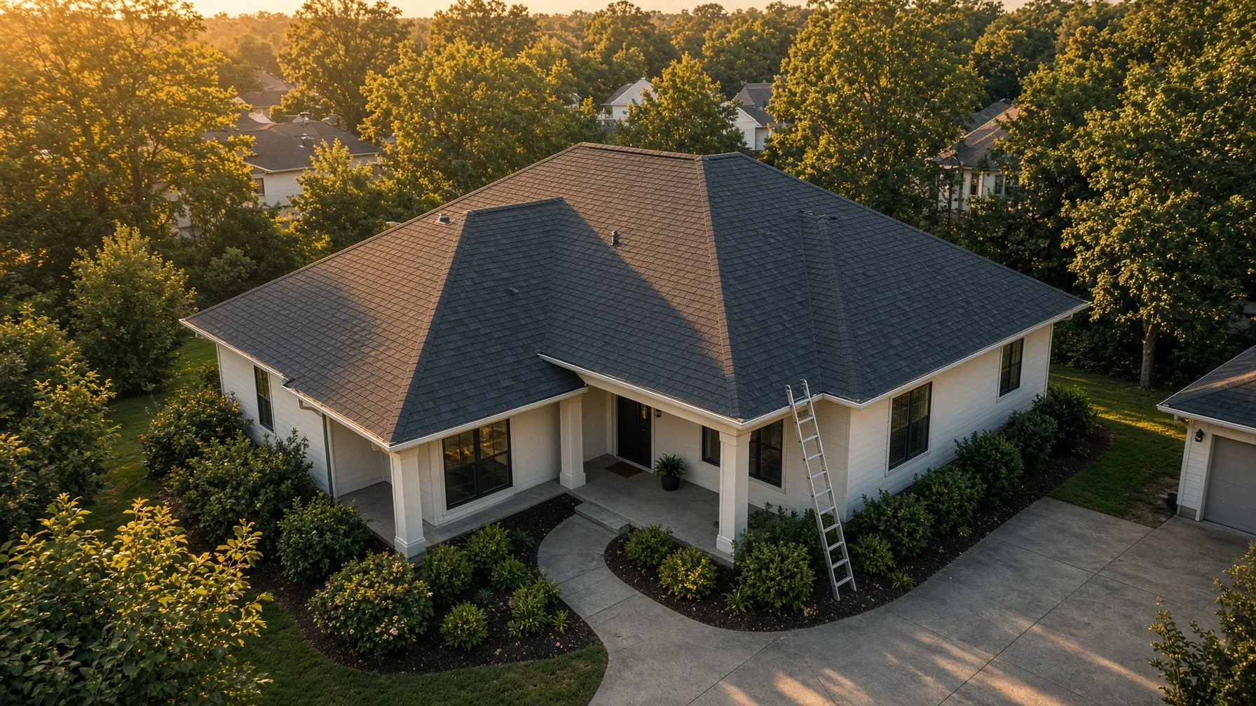 Before-and-after aerial views of a residential roof replacement from the same angle