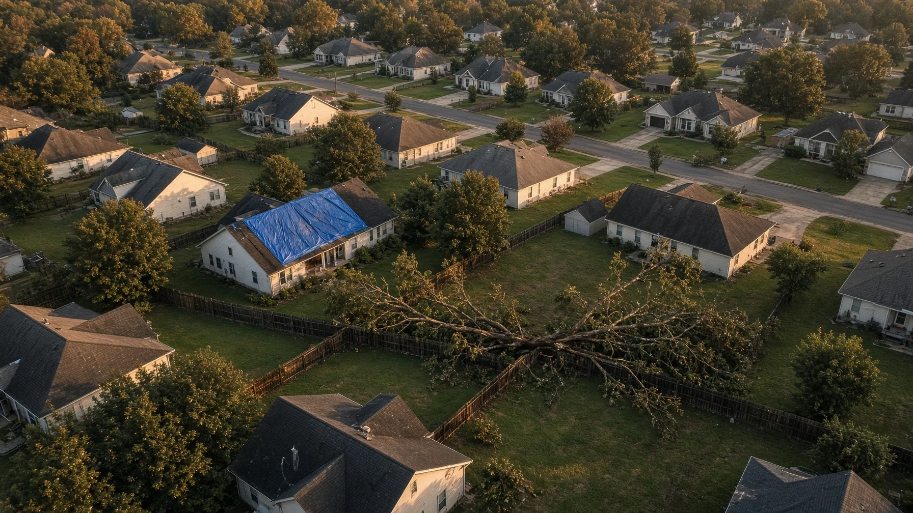 Drone photographer documenting visible roof and tree damage at a residential property after severe weather.