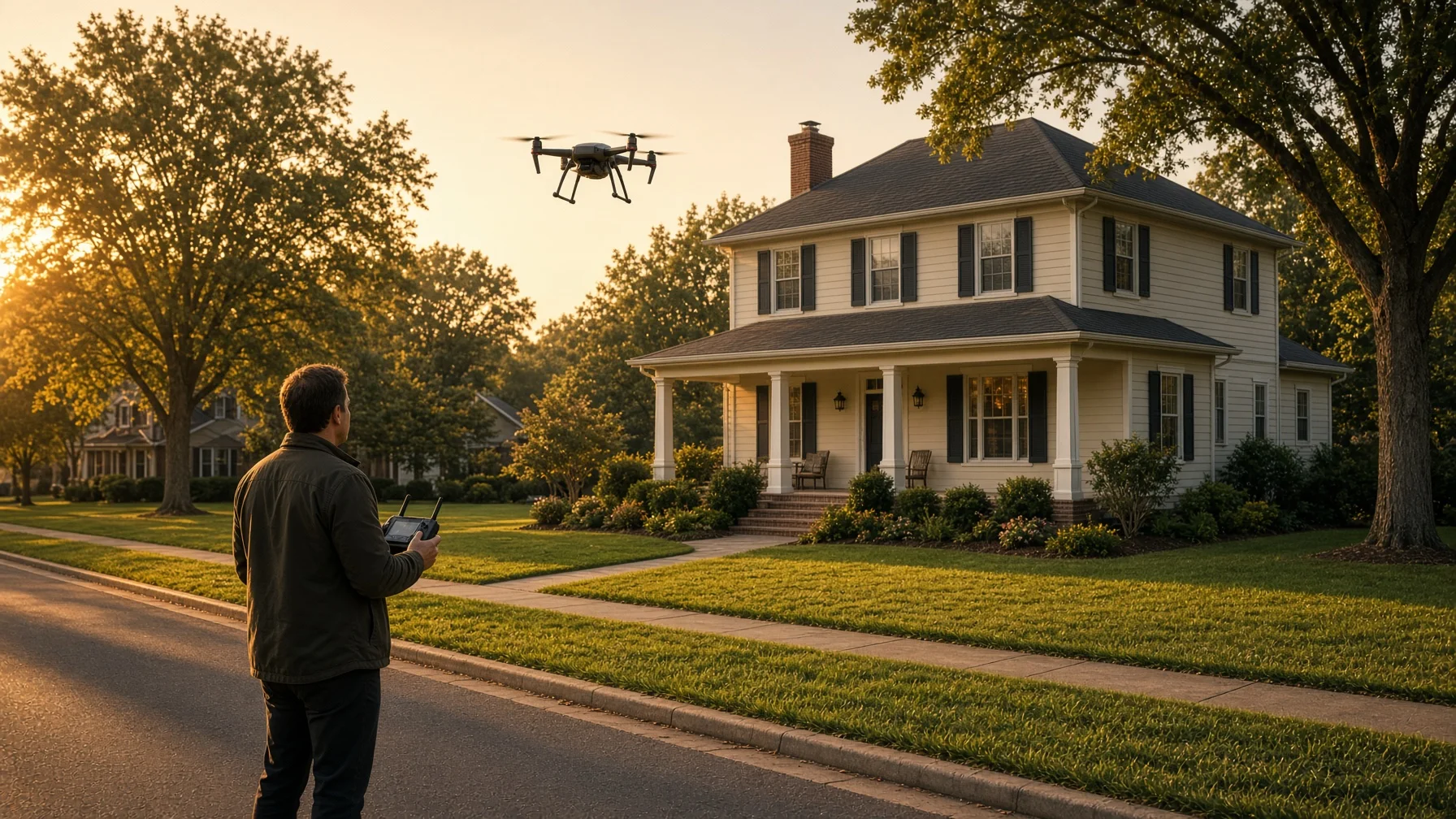 Drone photographer preparing aerial photos for a residential home listing