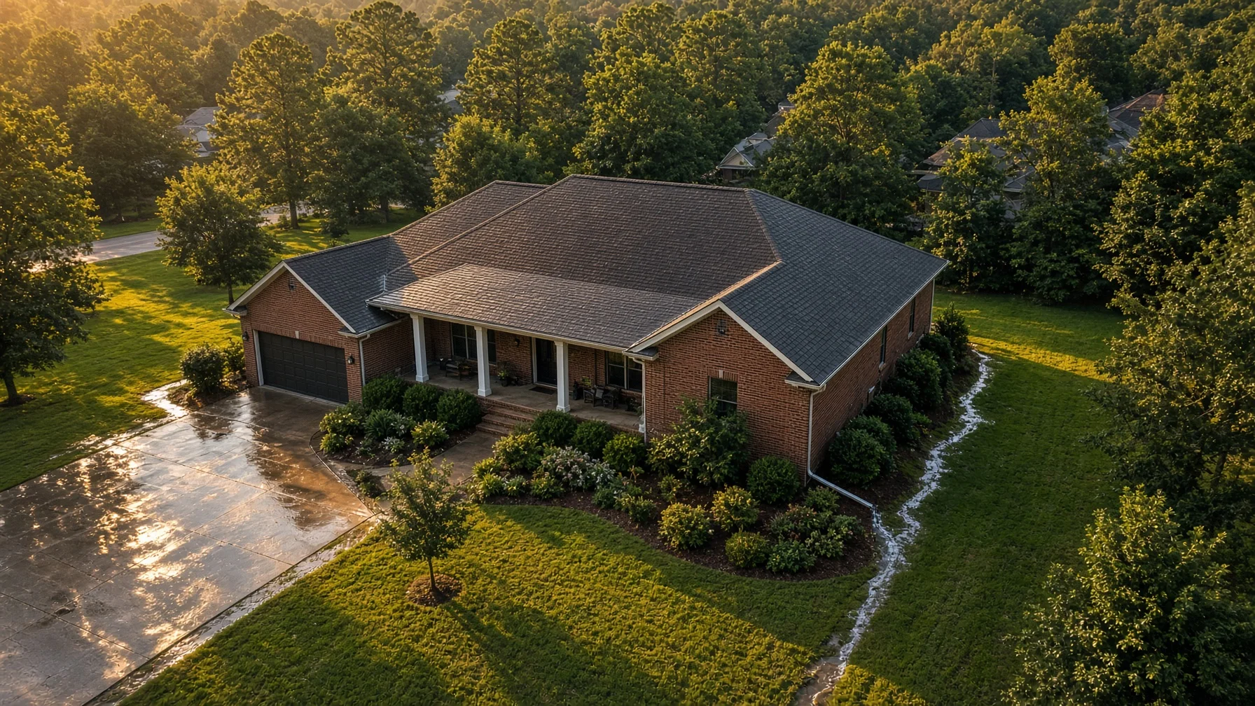 Aerial view of a home, driveway, lawn, downspouts, and visible drainage areas after rain