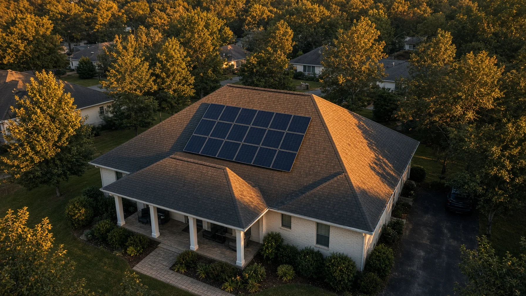 Aerial view of a residential rooftop solar panel installation on a finished home