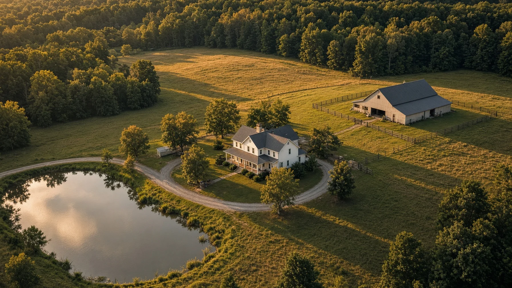 Aerial view of a rural home with acreage, barn, pond, pasture, driveway, and woods