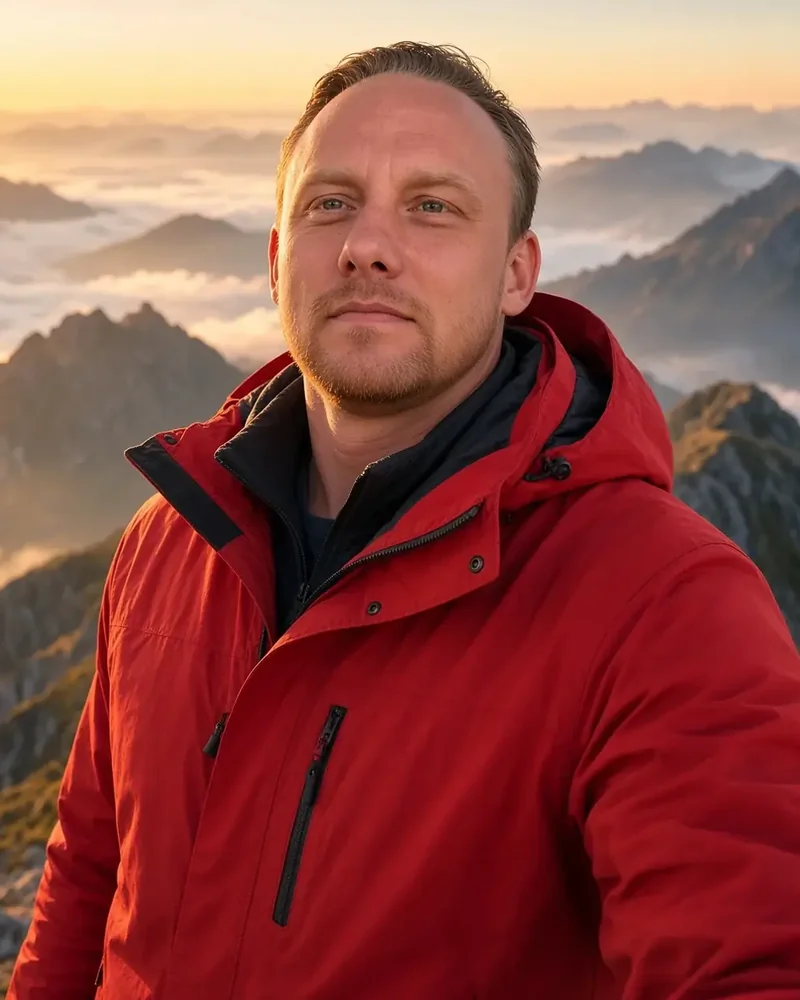 Bobby Rahm, pilot in command and FAA Part 107 drone pilot for Sweet Home Drone, in a red jacket on a mountain overlook at sunrise