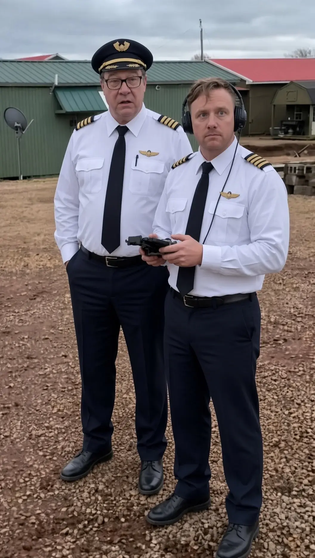 Two drone operators in white pilot uniforms with a remote controller, standing in a gravel yard